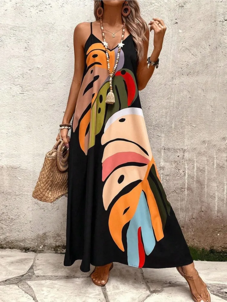 

Summer New Arrival Sexy Strap Beach Boho Long Dress Women Deep V Neck Print Maxi Loose Casual Holiday Dresses For Women Robe