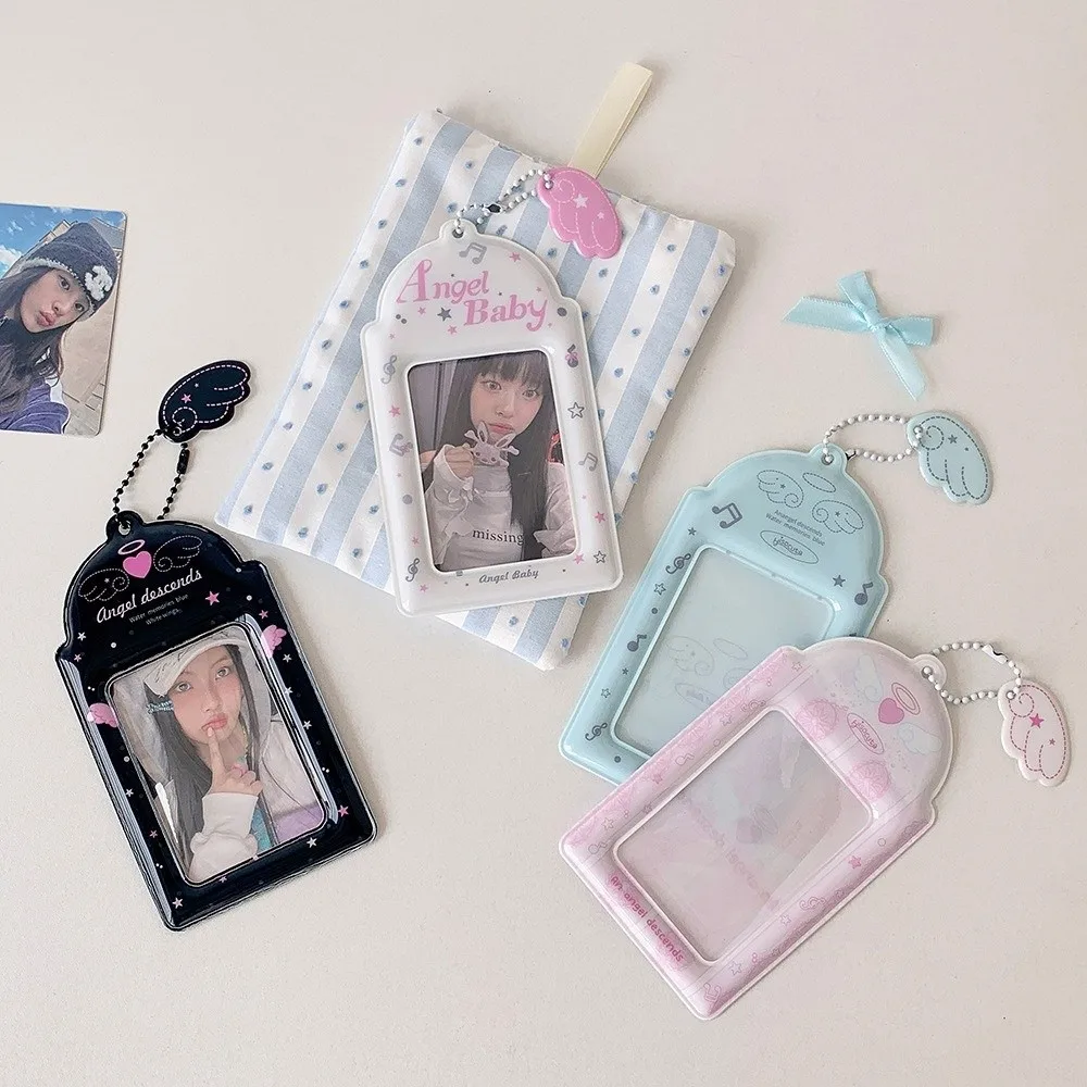 

PVC Photocard Holder Keychain Angel Wings Hanging Decoration Photo Frame Cartoon Idol Card Display Protector for Student Girls