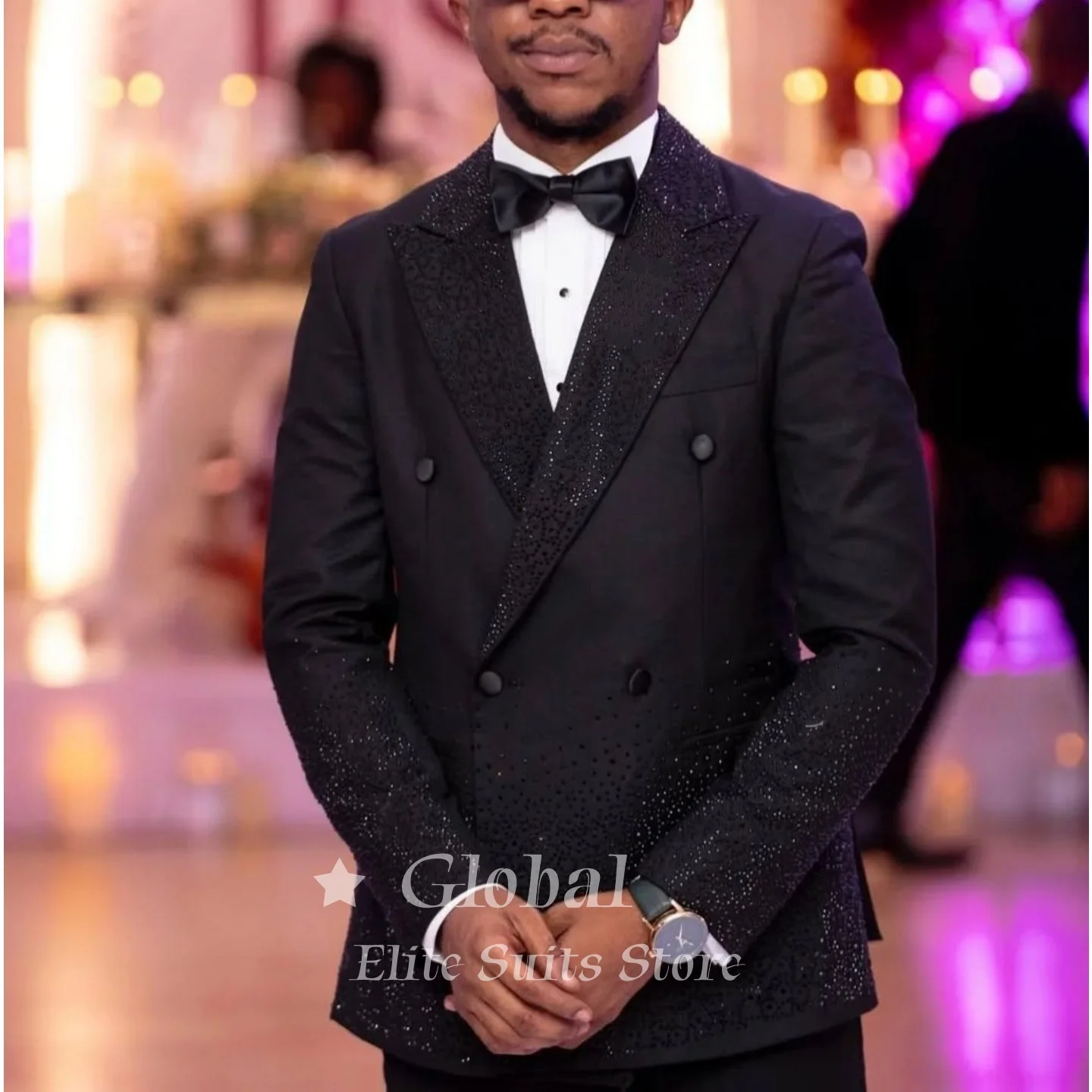 Luxury Mens Black 2 Piece Tuxedo Suit Double Breasted Shawl Lapel Gradient Rhinestone Old Money Pants Wedding Prom Customized