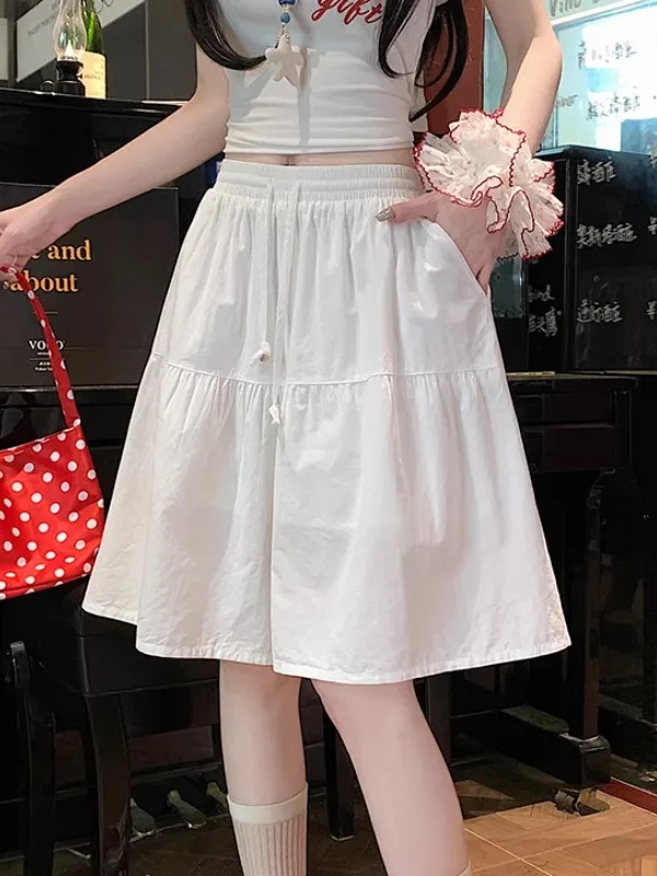 

Женские летние новые свободные драпированные повседневные брюки-юбка А-силуэта цвета хаки с эластичным поясом и широкими штанинами, длина до колена