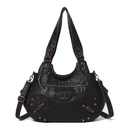 Angelkiss Women's Bag Fashion Handbags PU Shoulder Bag Casual Rivets Bag Black Hobo Messenger Bag Satchel Large Shoulder Purse