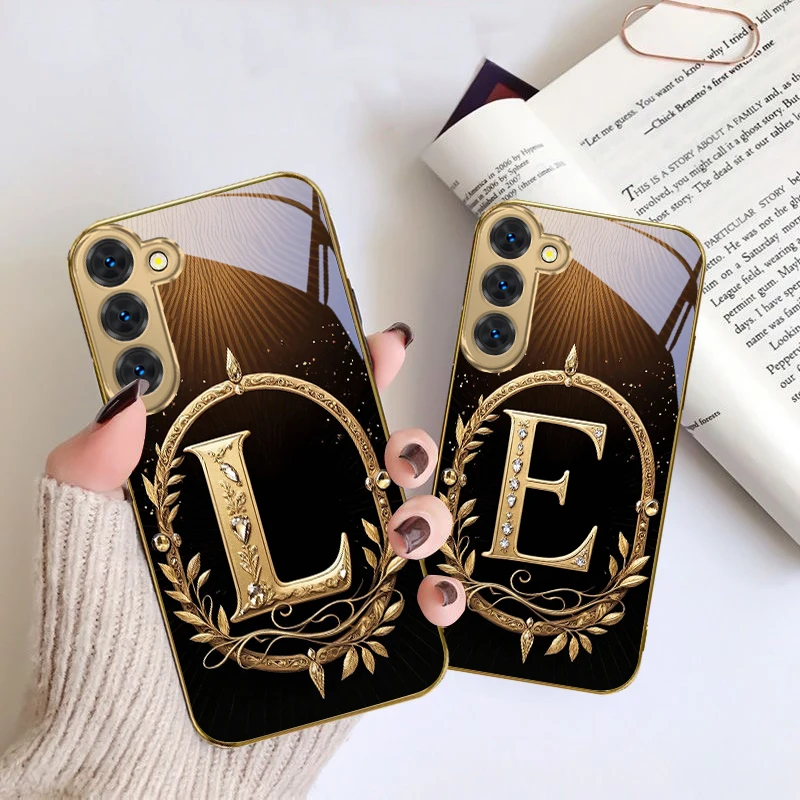 

Gold letter "E H" badge For Samsung Galaxy S26 S20 FE S21 S22 S23 Plus S24 Ultra S25 Ultra S21 S25+ S22 Golden glass phone case