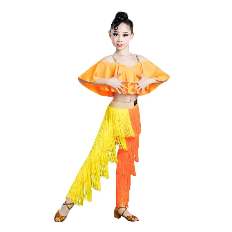 Novas crianças borla roupas de competição de dança latina meninas padrão nacional dança borla calças terno prática roupas desempenho