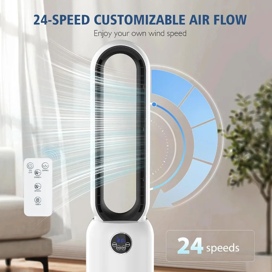 مروحة برجية خالية من الشفرة مع مروحة تبريد دائرية هواء عن بعد للاستخدام الداخلي، 24 إعدادًا للسرعة، 12 مؤقتًا، مروحة متأرجحة هادئة