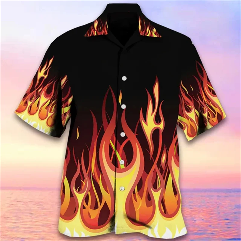 

3d Flame Printing Men's Short Sleeve Shirts High Street Male Summer Turn-down Collar Cardigans Streetwear Casual Graphic Tops