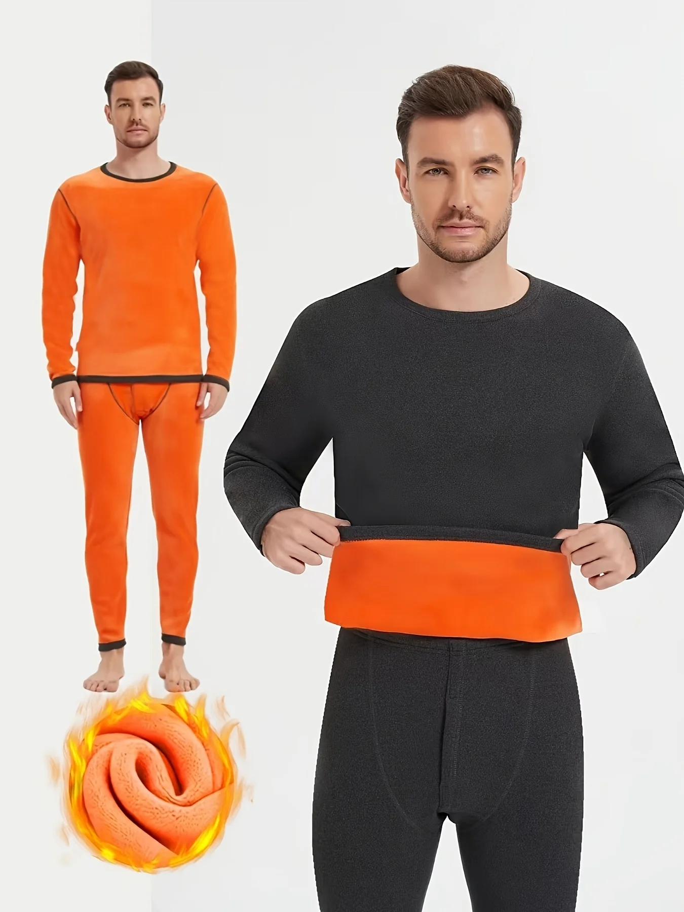 Conjunto térmico masculino de inverno forrado de lã grosso com gola redonda e cor sólida com top e calça para proteção contra frio