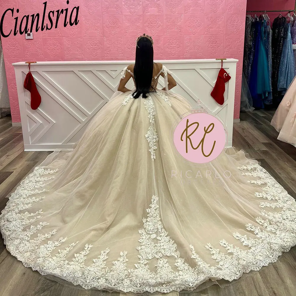 Vestido De baile De quinceañera con perlas De ilusión champán, apliques De hombros descubiertos, corsé De encaje, 15 Años