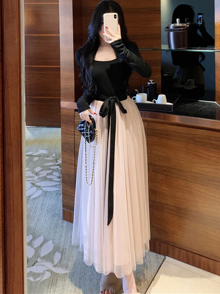 

Autumn Winter Black Patchwork Pink Mesh Long Dress Women Elegant Bandage Ruffled Long Dress 2025 Korean Vintage Luxury Vestidos