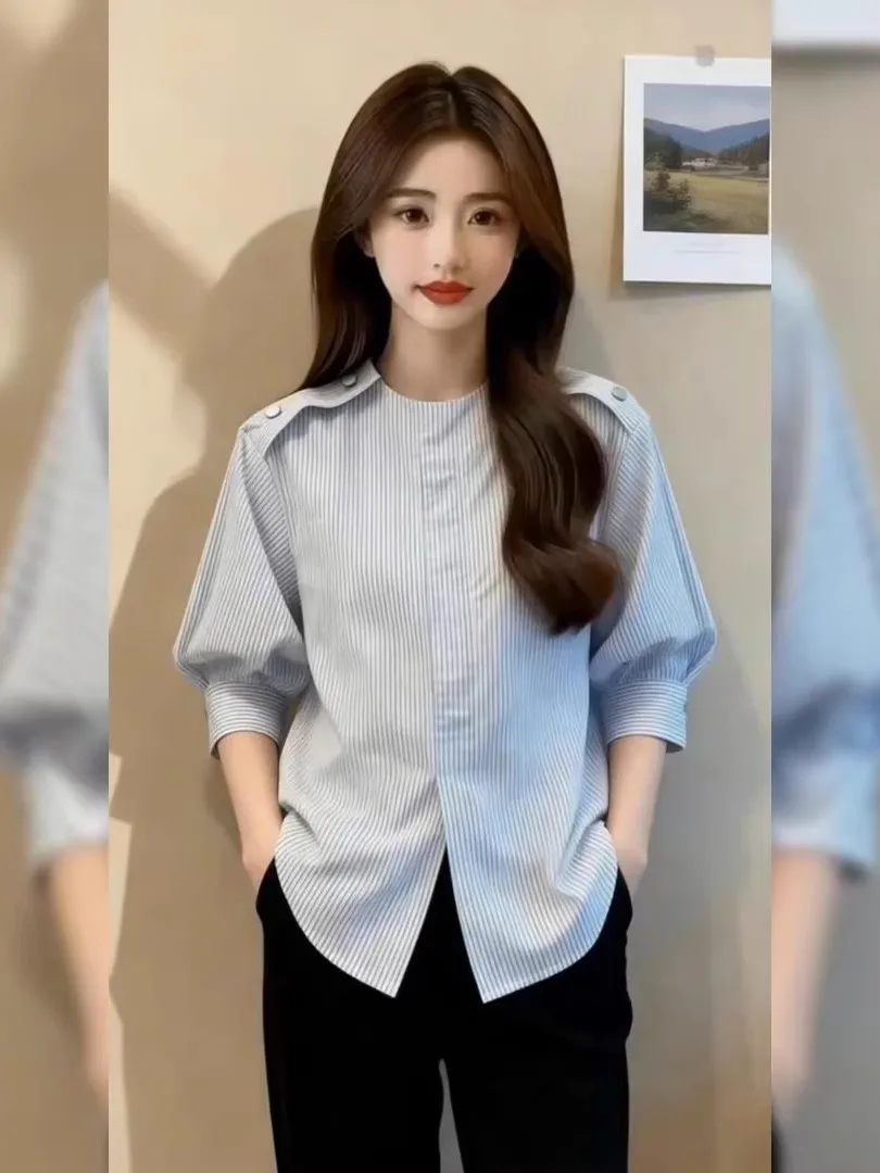 

plus Size Striped Shirt Women's Loose Fit Summer Fashionable Top Korean Style round Neck Seven Sleeve Casual Comfortable