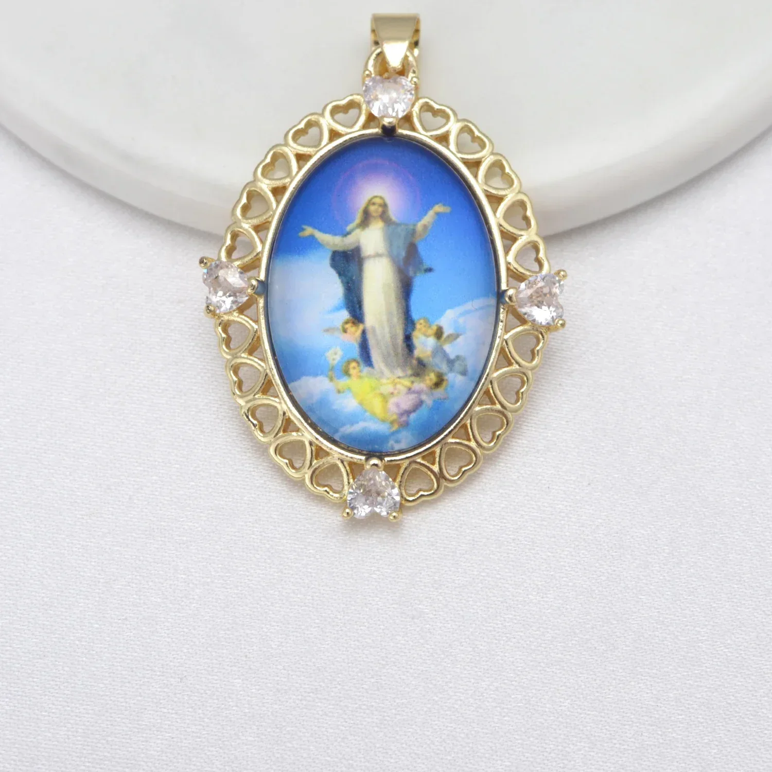 8 Pcs Jesus Virgin Mary Pendant DIY Necklace Jewelry Making Heart Hollow Gold Rim Oval Accessories Christian Brass Plated Charms