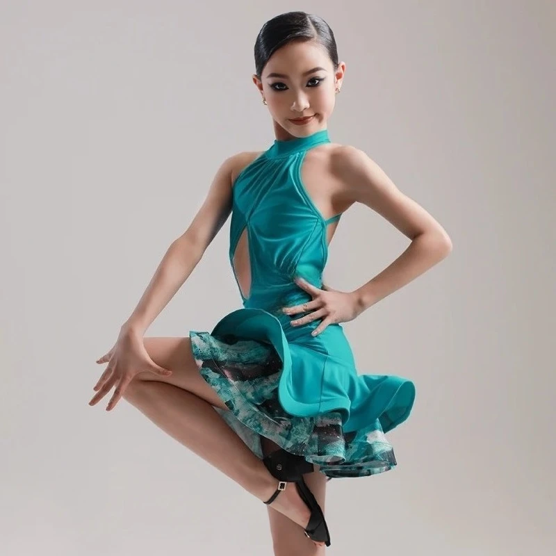 

Latin dance practice dress halter girls double skirt dance practice dress