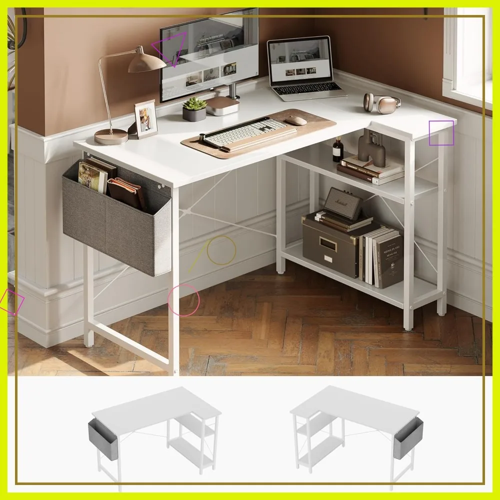

40-дюймовый L-образный компьютерный стол с двусторонними полками для хранения, угловой стол для домашнего офиса для учебы, письменных игр, чистый белый