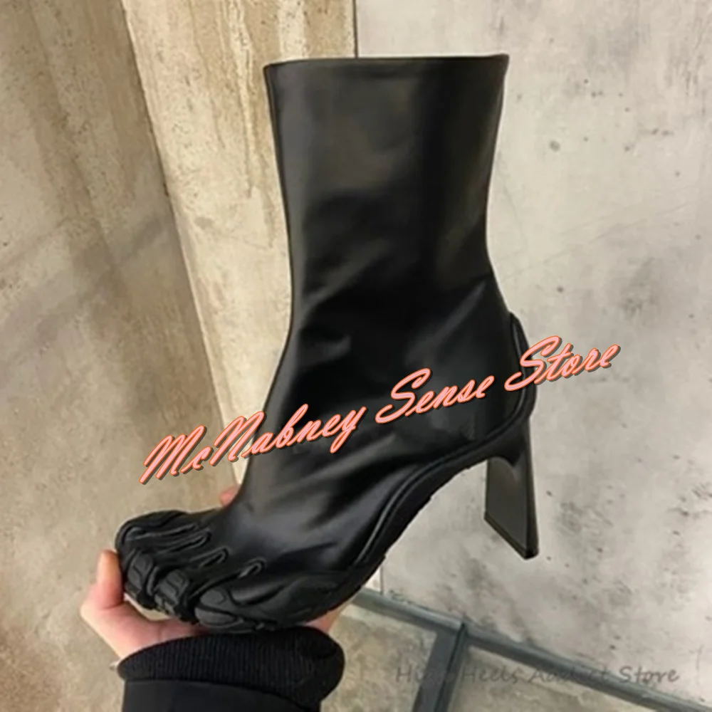 New Style Five Finger Boots Elastic Solid Mid Calf Women Sexy Shoes Chunky High Heels Slip On Autumn Winter Banquet Boots