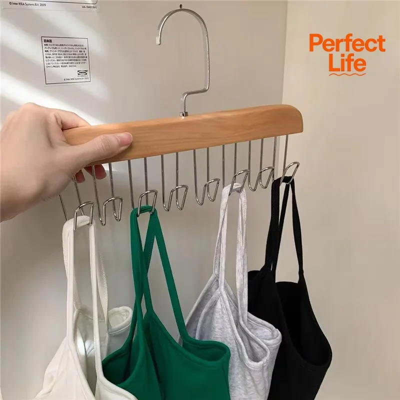 Wooden Sling Hanger Organizer with Multiple Hooks for Underwear Bras Vests Space-Saving Durable Storage Rack Hangers for Clothes