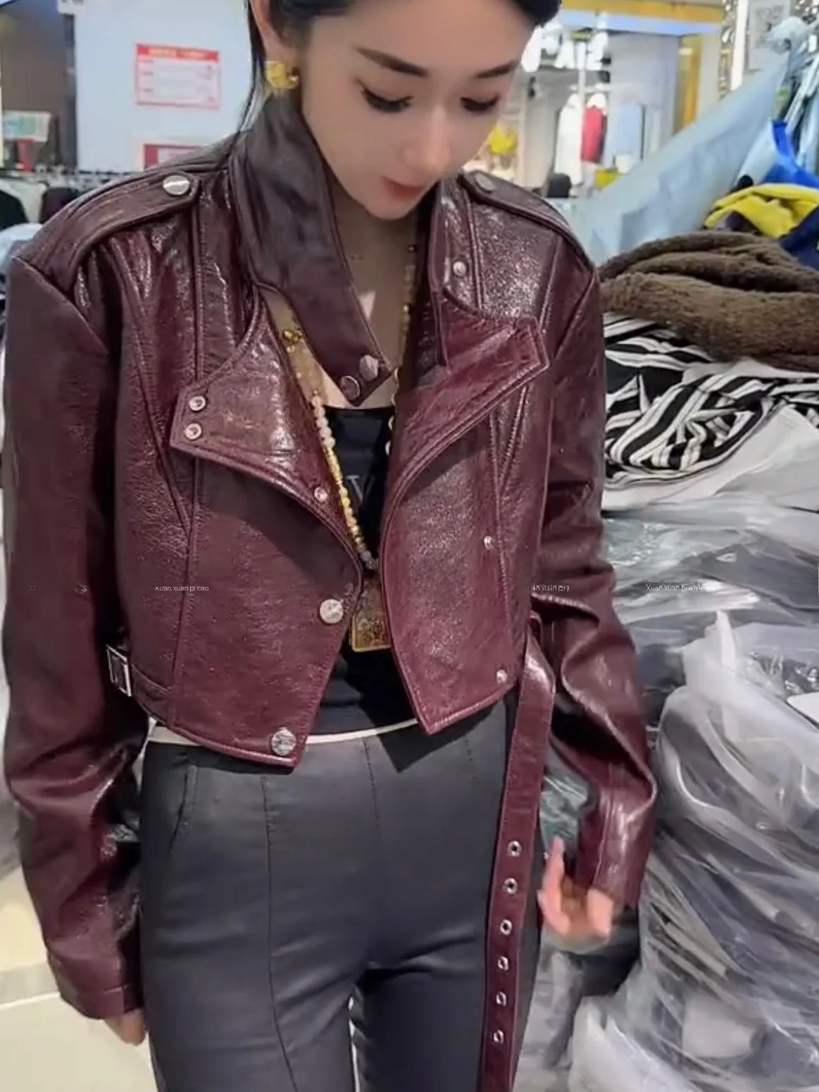 

Red l 2024 Autumn New Faionable ort Genuine Leather Jaet Women's Motorcycle Sle Top eepskin Coat Casual Wear