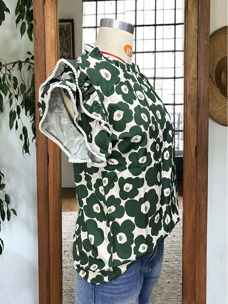 Tops de manga corta abullonados para mujer, blusas informales con ojales, blusas elegantes con cuello en V de verano