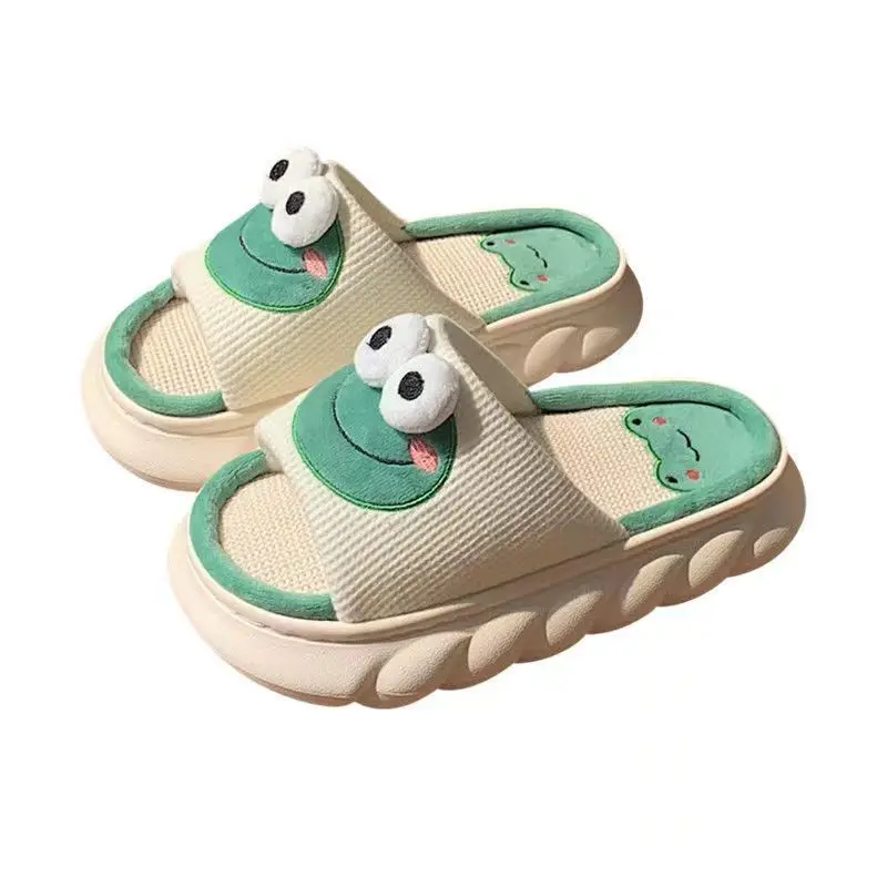 Funny Animal Flog Slippers Female Comfort Breathable linen Slides Indoor Outdoor Male's Platform Flax Slippers