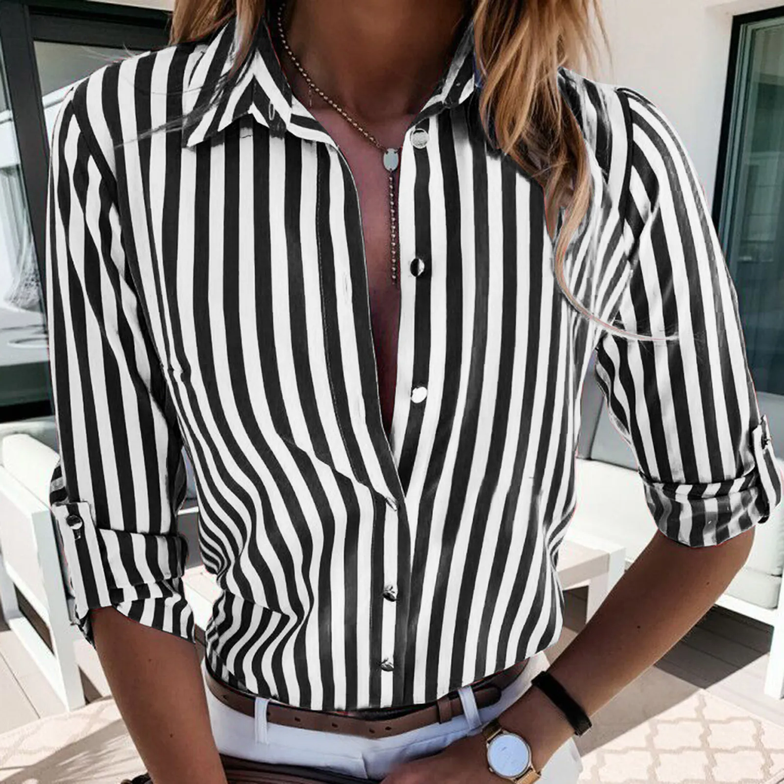 Red And White Striped Shirt Womens Vintage Casual Shirts Lady Fall Commute Style Blouses Long Sleeve Fashion Oversize Top Gift