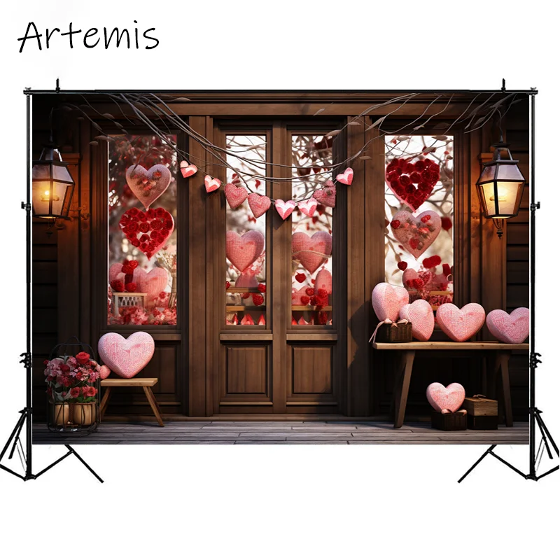 Valentine's Day Backdrop Romantic Love Rose Balloon Retro Wood Grain Children's Birthday Portrait Background Photo Studio