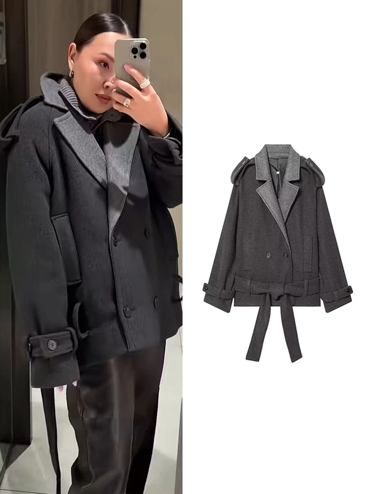 

TFMLN Women's Patchwork Design Woolen Coat Loose Double Breasted Jacket Coat With Belt Turn Down Collar Elegant Overcoat