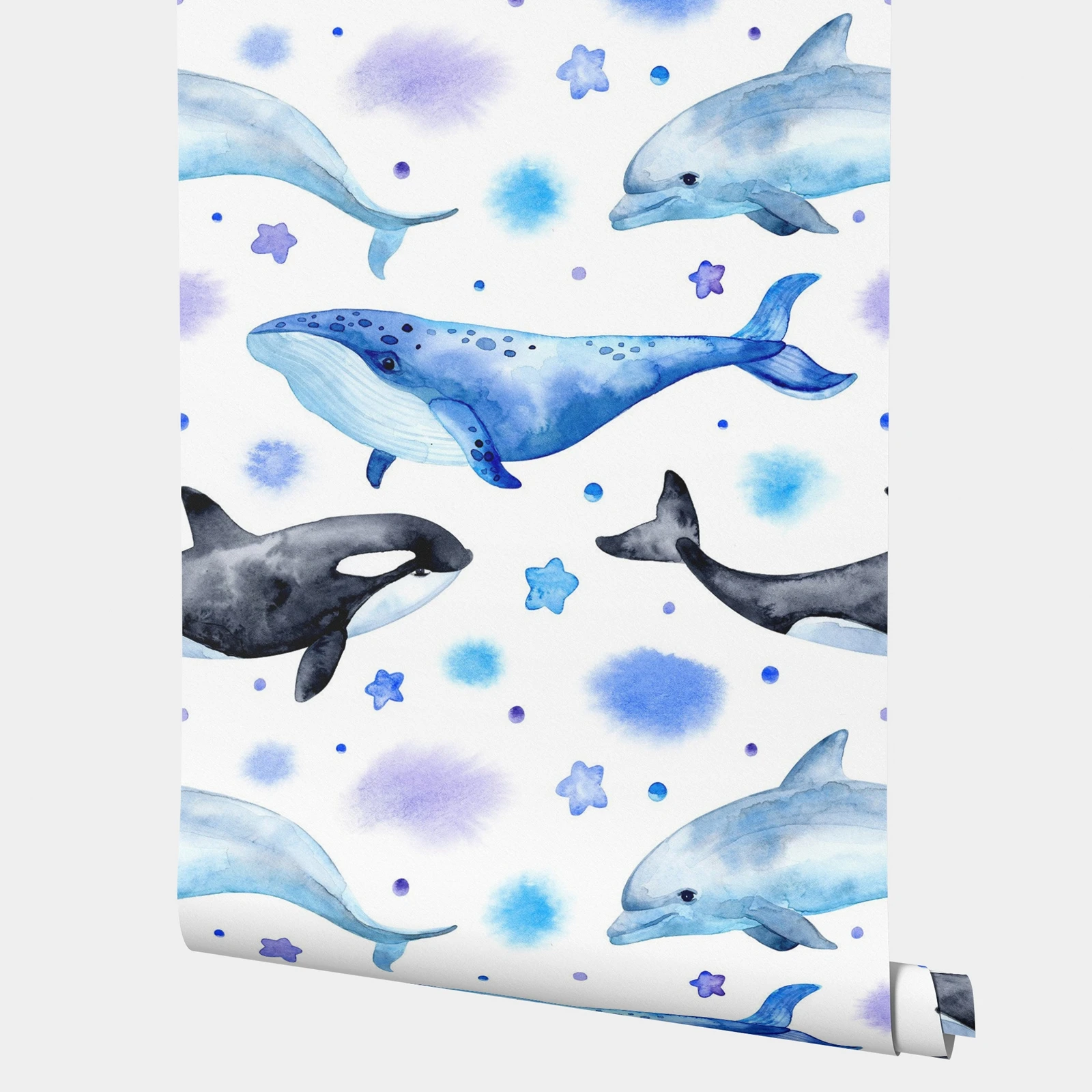 

Очаровательные обои Ocean Life в рулонах, обои с китами и дельфинами для детской комнаты, настенная роспись синего цвета, без ПВХ, 50*300 см