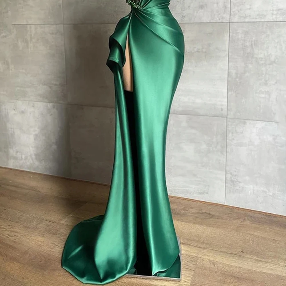 Green Luxury Elegant Evening Dresses Strapless Mermaid Satin Crystal Pleat Sexy High Slit Formal Party Prom Gown Vestido De Gala