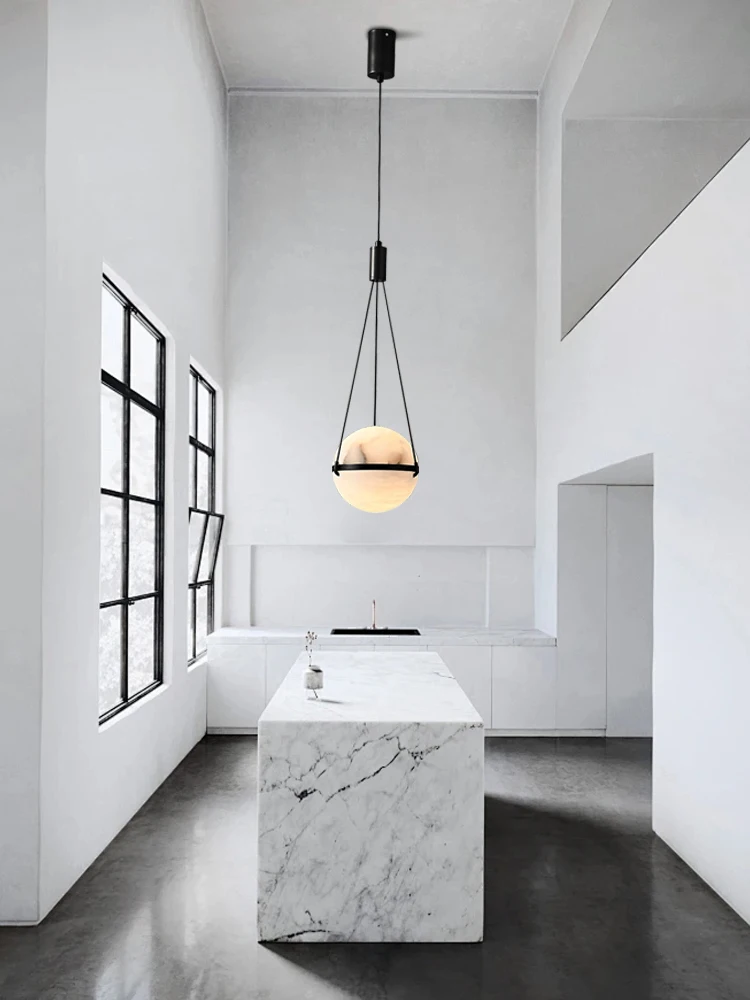 Modern LED Spherical Natural Marble Pendant Light, Home Decor Dining Table Kitchen Island Alabaster Hanging Lamp Black Stone