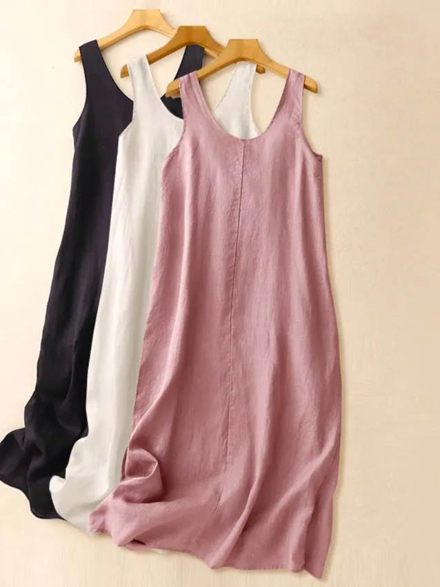 

Японский художественный хлопково-льняной жилет-платье для женщин: летняя простая элегантная свободная повседневная внутренняя одежда на бретельках из льна