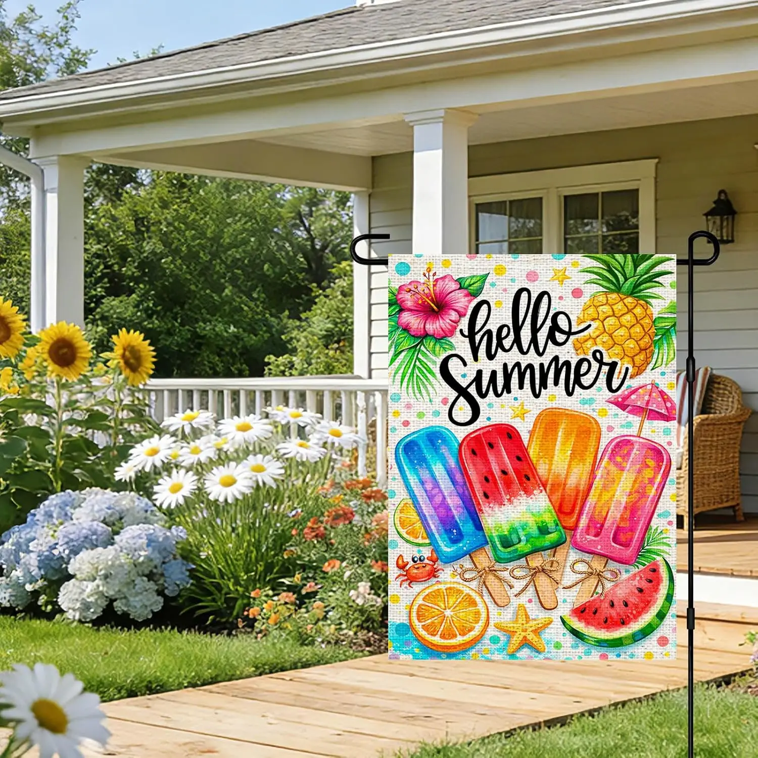 IVN Hello Summer Garden Flag Watermelon Yard Flag 12 x 18 Inch Double Sided Burlap Rainbow Popsicles Pineapple Beach Small F ZZM