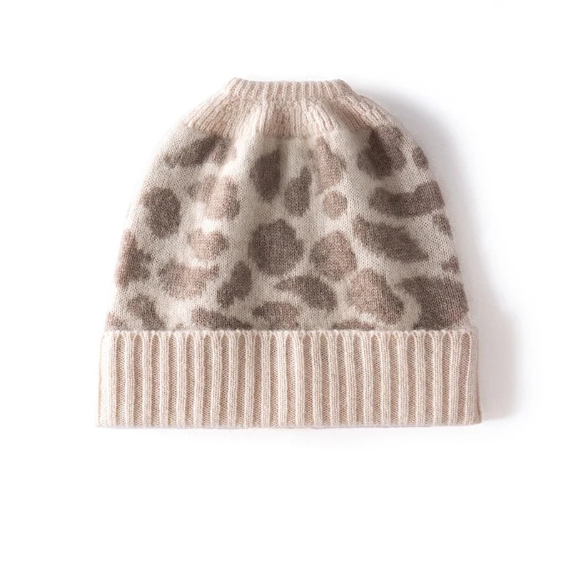 

100%Quality Cashmere Knitted High Ponytail Beanie Hat For Women Winter Cap Leopard Jacquard Casual Thick Warm Outdoor Sport Hats
