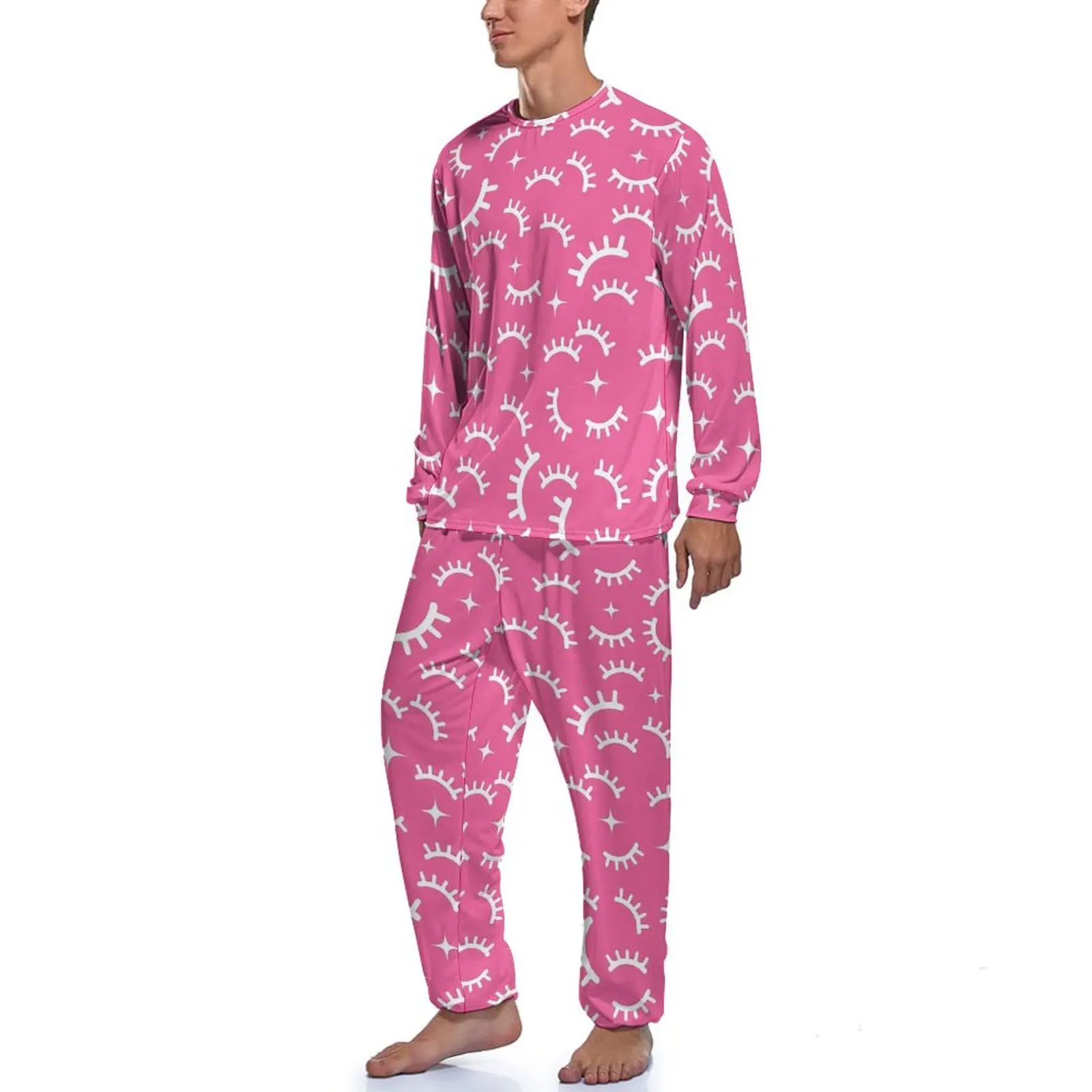 Pyjama deux pièces blanc et rose pour hommes, ensemble de pyjamas à manches longues, cils, vêtements de nuit, cadeau d'urgence, chambre 03Design