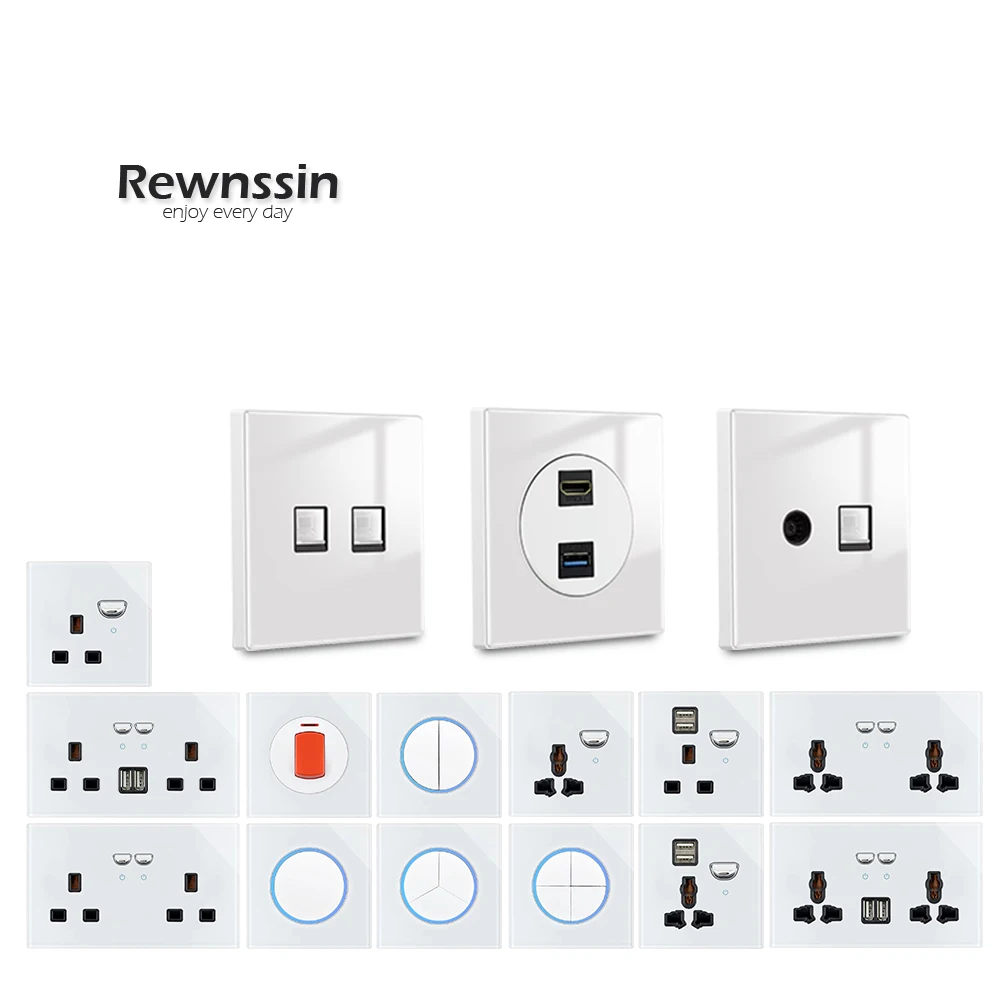 

Стандартная универсальная розетка, британская вилка, выключатель света со светодиодной подсветкой, белое стекло, розетка для телевизора, RJ45, настенная розетка 250 В