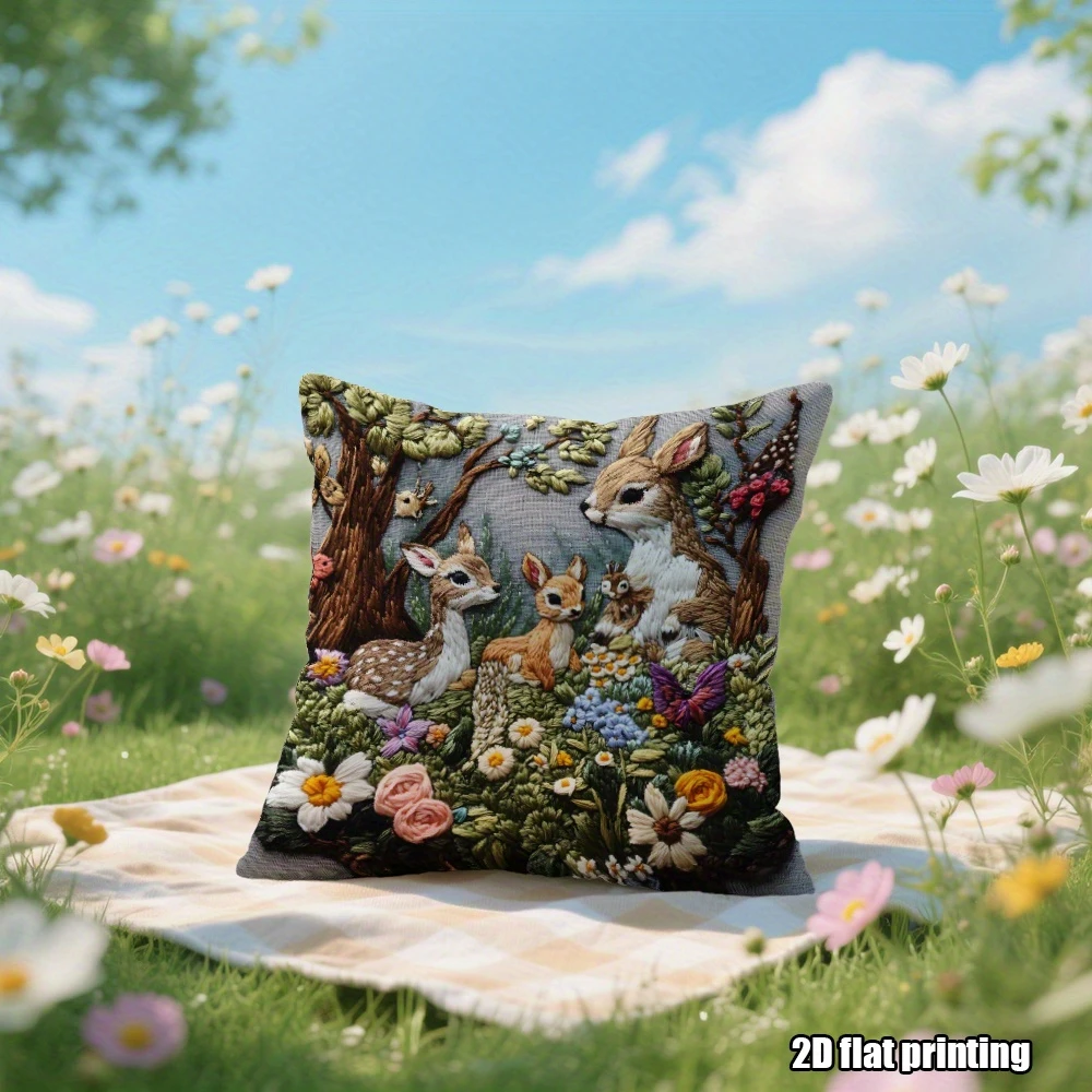 2D flat- #  Vintage Forest Animal Family Throw Pillow Cover Rustic Wildflower Deer Rabbit Home Decor