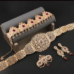 Algeria Wedding Jewelry Set Bridal Crown Brooch Earring Robe Waist Chain Moroccan Wedding Metal Waist Chain Red Green Crystal