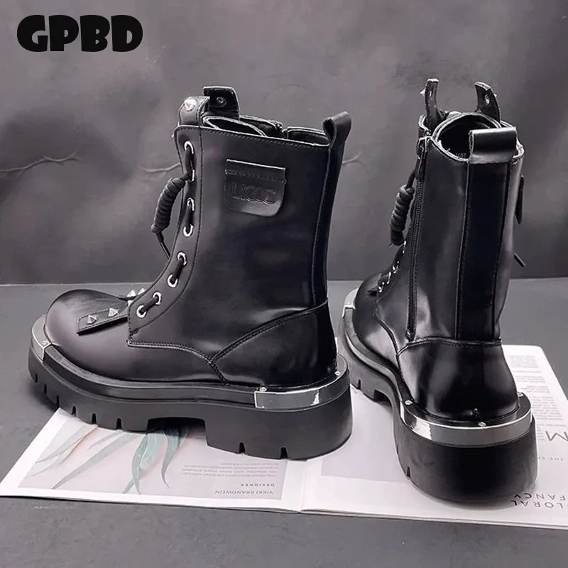 GPBD Knight Boots Men Thick-Topped British Style Autumn 2025 Mid-Calf Ankle Boot with Chelsea Cap and High-Heel Leather Boot