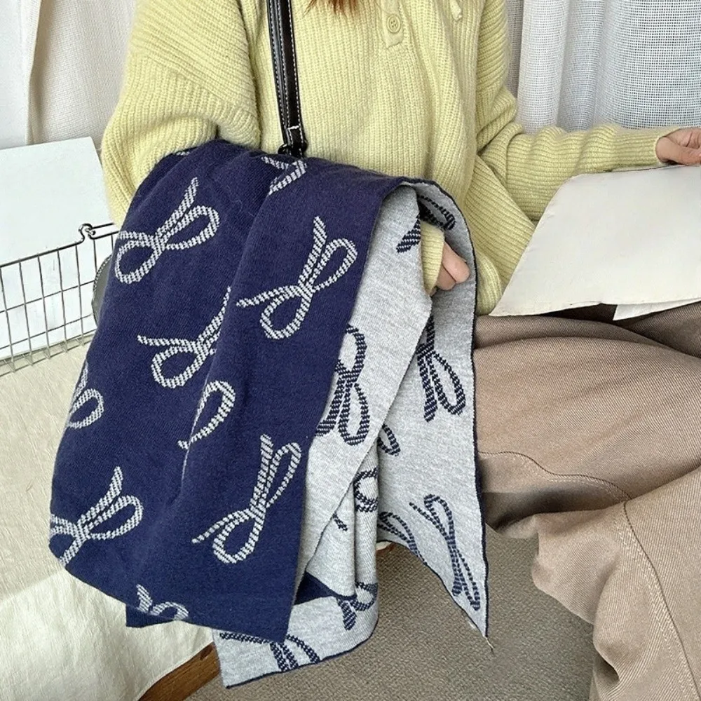 Bufanda con lazo ligera a la moda, bufanda de lana de imitación a prueba de viento de estilo coreano, chal cálido de invierno de dos caras Unisex