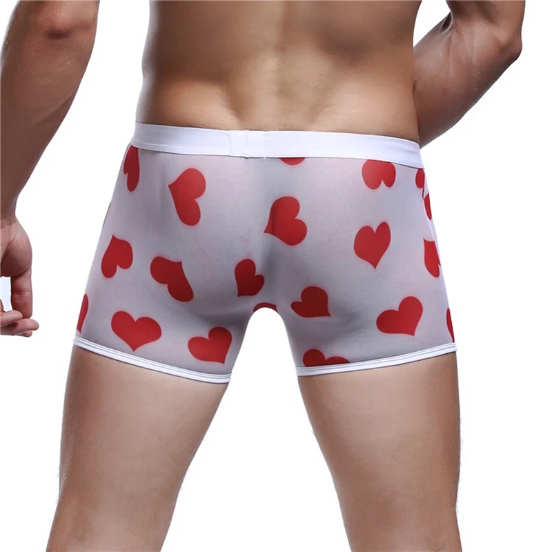 Sexy Men\'s Mesh Transparent Boxer Shorts U Pouch Ultra-thin Ice Silk Breathable Mens Boxers Underwear Heart Print Underpants