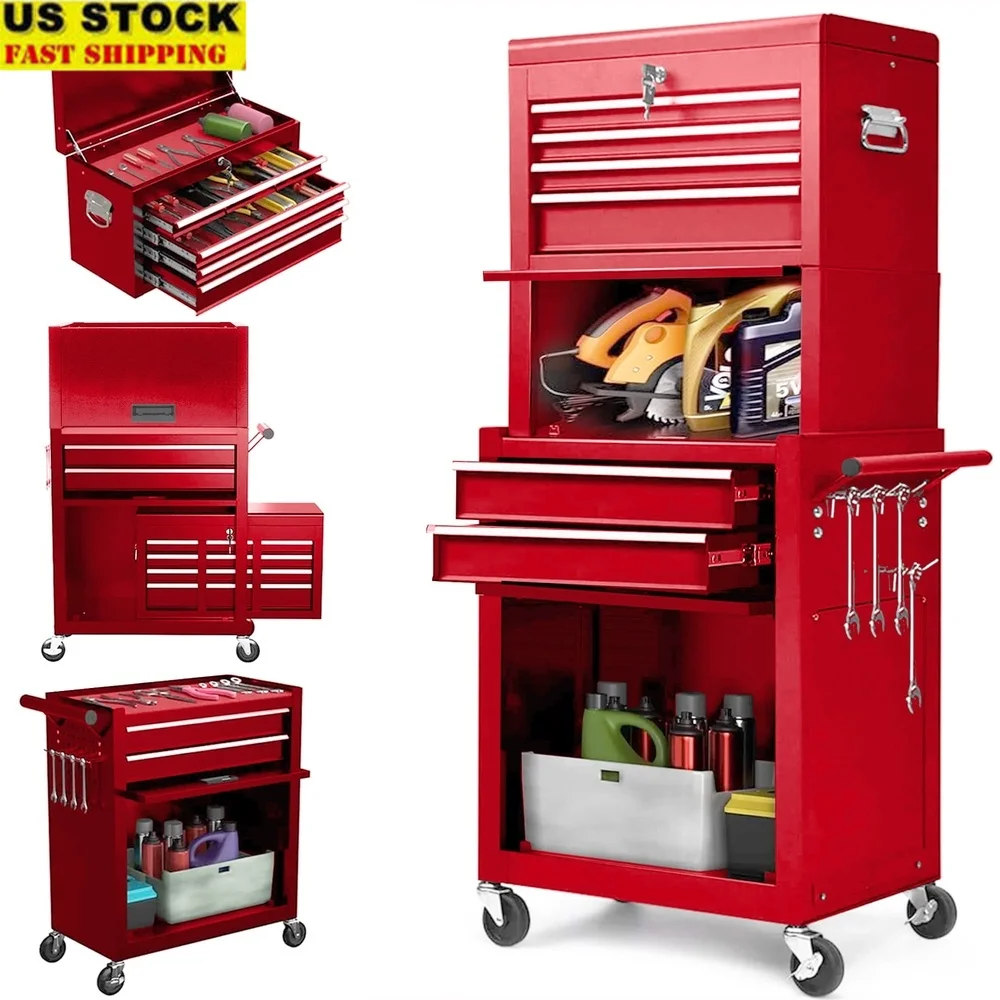 

3 in 1 Rolling Tool Chest with 6 Drawers 2 Lockable Cabinets Heavy Duty Metal Tool Organizer Garage Workshop Storage Solution