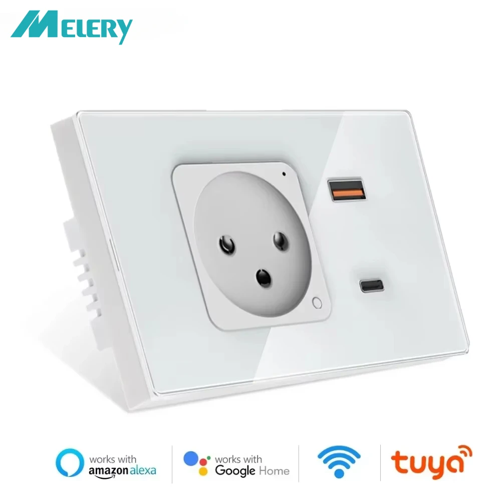 Melery Israel Wifi Tuya Wall Socket USB Type-C PD 30W Charge Smart Plug Outlet Glass Panel Remote Control by Alexa Google Home