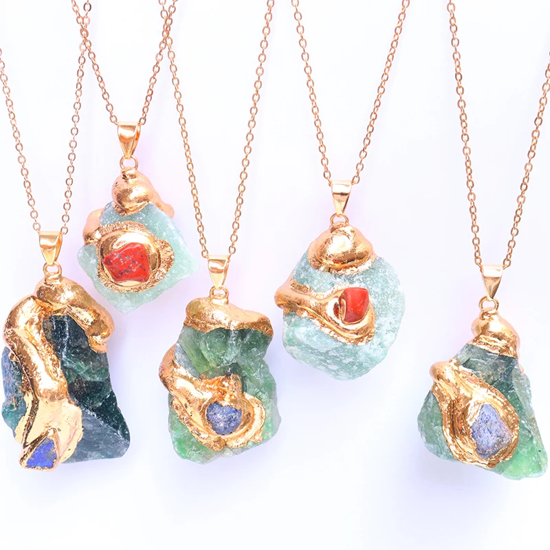 

Natural Stone Gold Plated Pendant Necklace Irregular Gilt Crystal Link Healing Crystals Stone Necklaces For Women 1pcs Random