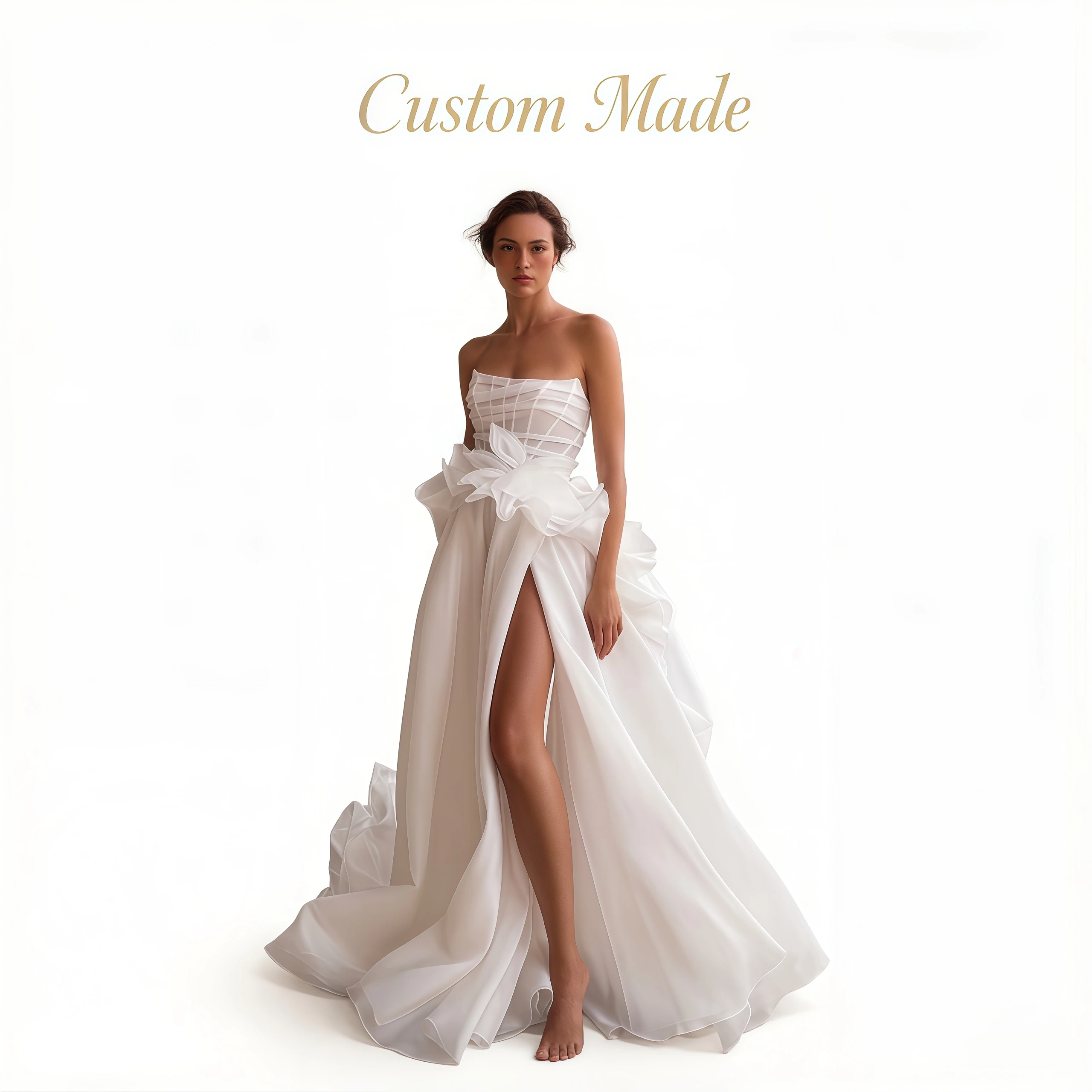 

Kitty Customized Romantic Beach Wedding Dress Strapless Sheer Grid Bodice Organza A-Line Floor Length Bridal Gown with High Slit