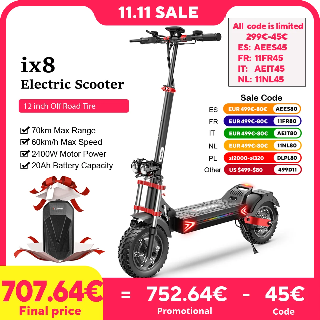 iScooter iX8 Electric Scooter 2400W 20Ah Scooter Dual Motor 12inch Anti-skid Off Road Pneumatic Tire 70km Range 60km/h eScooter