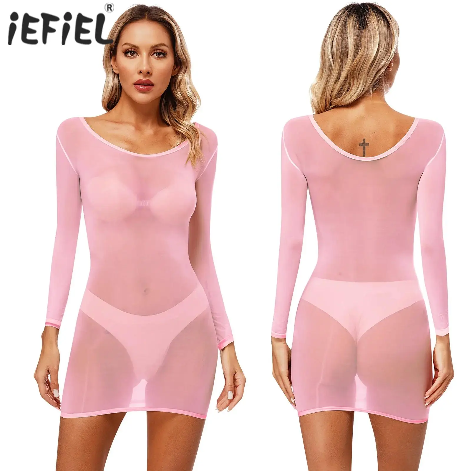 Womens Exotic Dress Glossy 8D Lingerie Nightwear Long Sleeve See Through Sleep Pencil Dress Stretchy Bodycon Swimsuit Cover Up