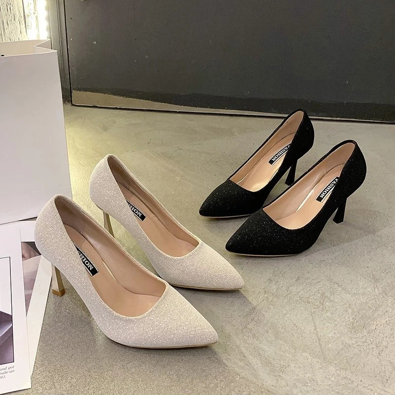 

Slip-on Slim Heel Single Shoes Fashion Pointed Toe Shallow Mouth Cloth Surface Anti-Slip Wear-Resistant High Heels