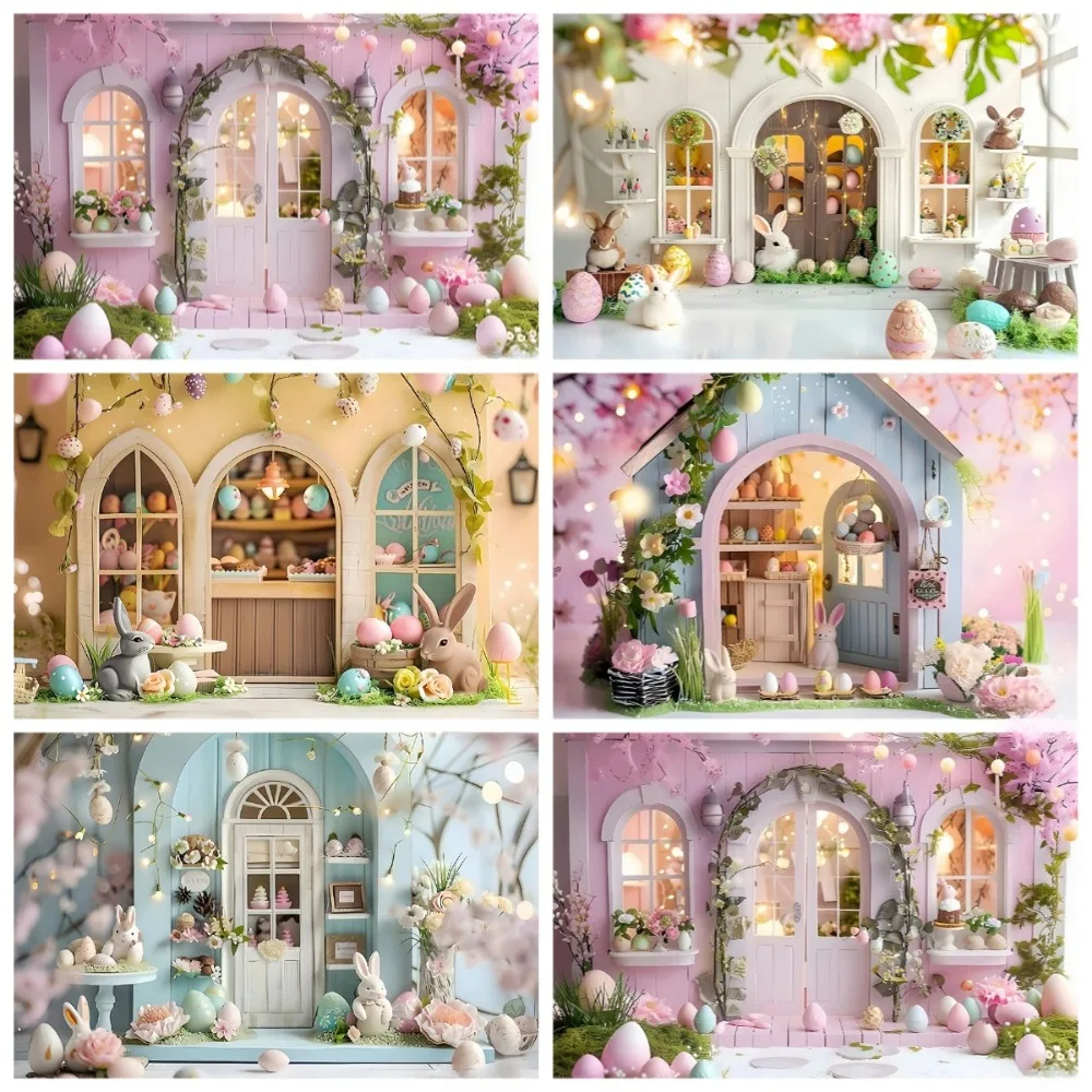 

Easter Spring Flowers Green Grass Wooden Door Party Photography Background, Children's Birthday Decoration Photography Backdrop