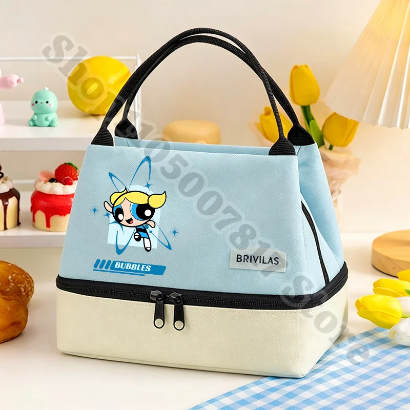 

Kawaii The Powerpuffs Girls Anime Zip Lunch Tote Accessories Food Insulation Bag Cartoon Cute Storage Pouch Casual Handbag Gifts