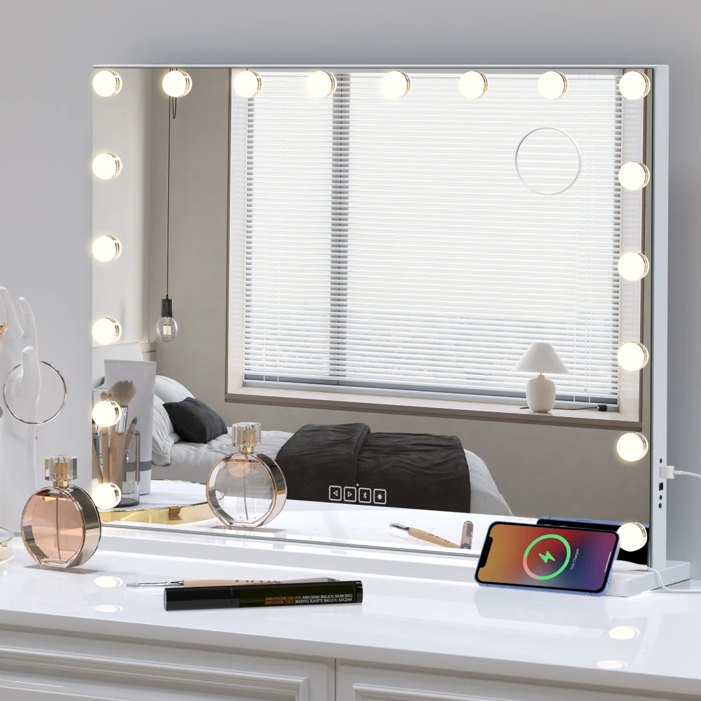 Hollywood Vanity Mirror with Speaker and Lights: 18 Bulbs, 3 Light Colors, Adjustable Brightness, USB Charging Port - Tabletop