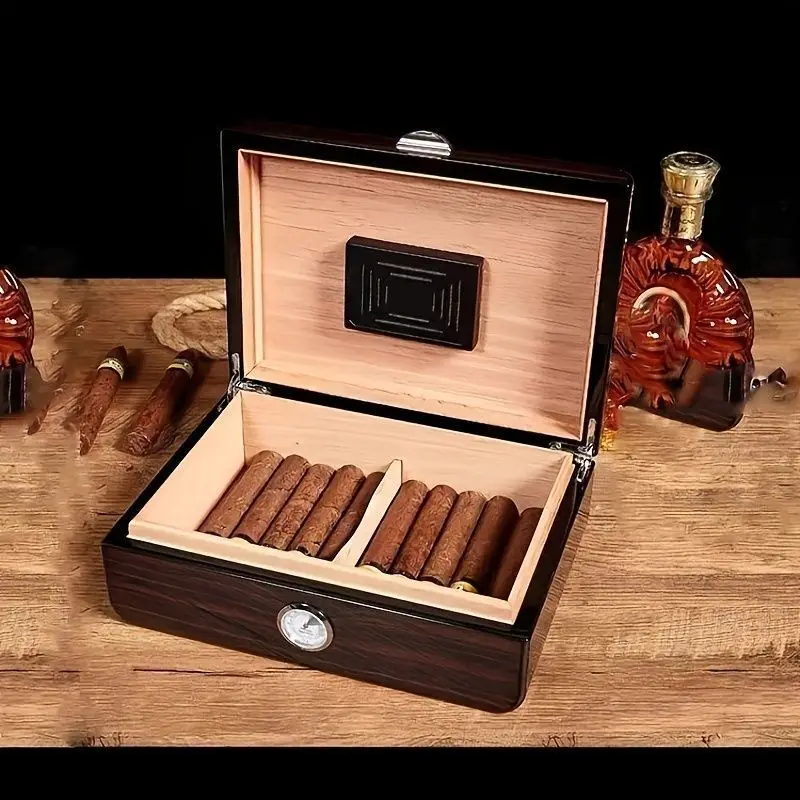 A Natural Cedarwood Alcohol-Infused Cigar Box With A High-End Design Featuring A Piano-Finished, Glossy Surface.