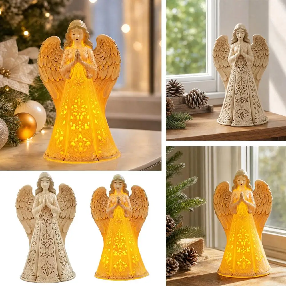 Statue d'ange en résine de Noël, avec lumière LED intégrée, sculpture creuse, décoration de bureau de Noël, décoration de maison pour les fêtes.