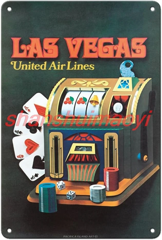 Pacifica Island Art Las Vegas Nevada - United Air Lines - Slot Machine - Vintage Airline Travel Poster c.1972-8 x 12 inch V ALL